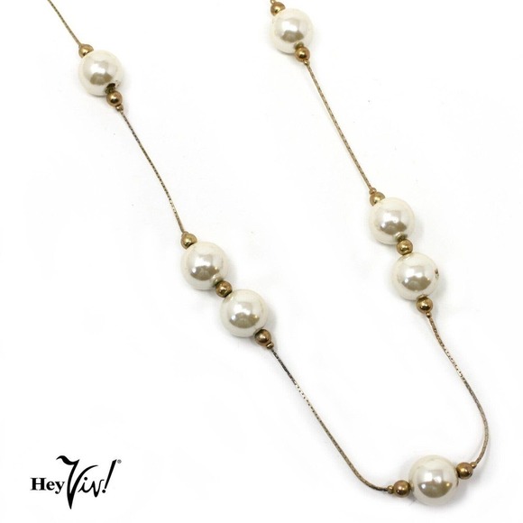 Vintage Single Strand 40" Gold & Pearl Necklace Wear Long or Looped - Hey Viv - Picture 2 of 6